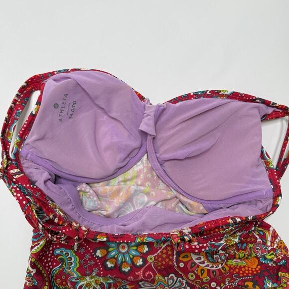 Athleta Tankini Swimsuit Red Paisley Size 34 D/DD Pads Included Cinched Sides M - Picture 8 of 9